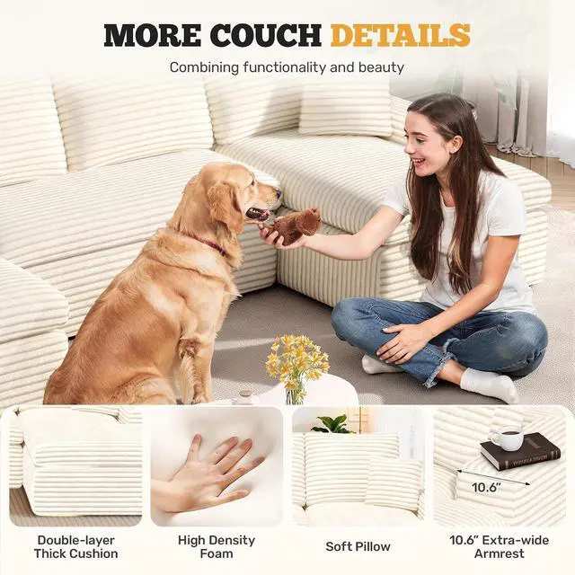 Alt view image 7 of 7 - 134" U Shaped Modular Sectional Sofa, Oversized Boneless Couches for Living Room,No Assembly Required Corduroy Cloud Couch with Chaise Lounge, Beige 1 PCS