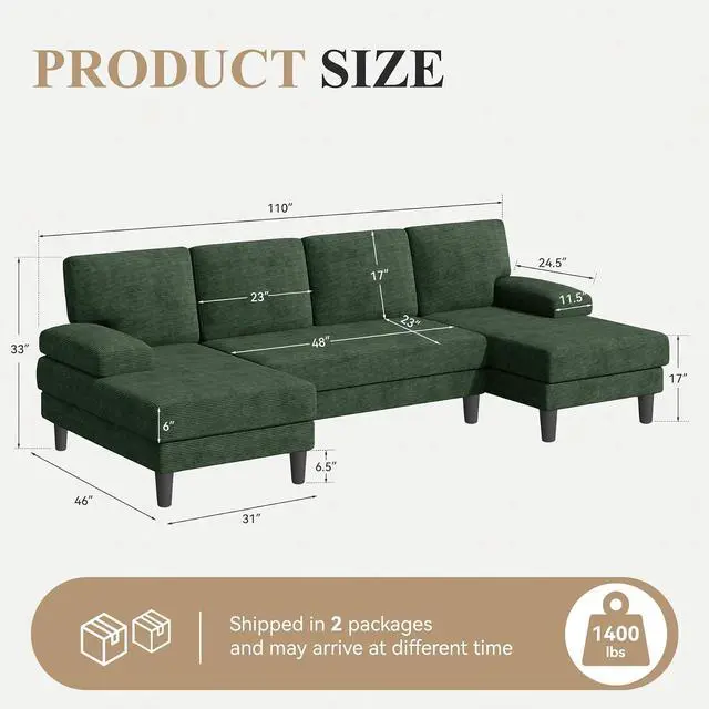 Alt view image 2 of 7 - 110" U-Shaped Sectional Sofa Couch for Living Room,Modern Modular Sofa with Double Chaise,Classic Lounge Couch Sleeper forApartment, Green Corduroy