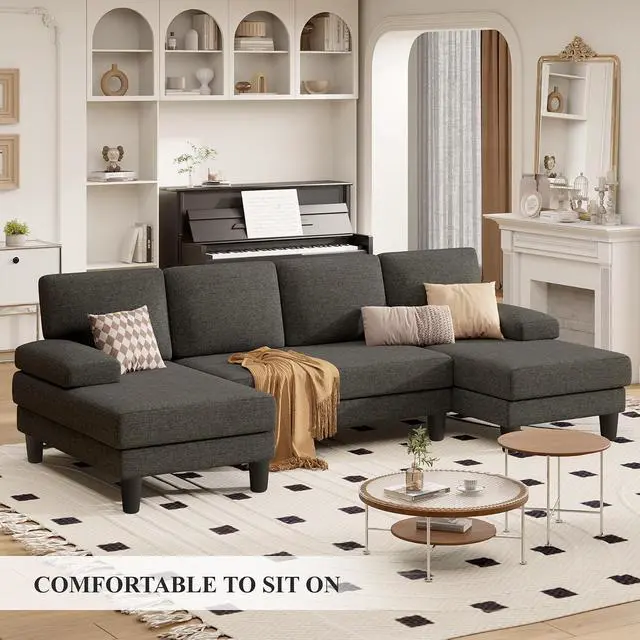 Alt view image 6 of 7 - 110" U-Shaped Sectional Sofa Couch for Living Room,Modern Modular Sofa with Double Chaise,Classic Lounge Couch Sleeper forApartment, Dark Brown Linen