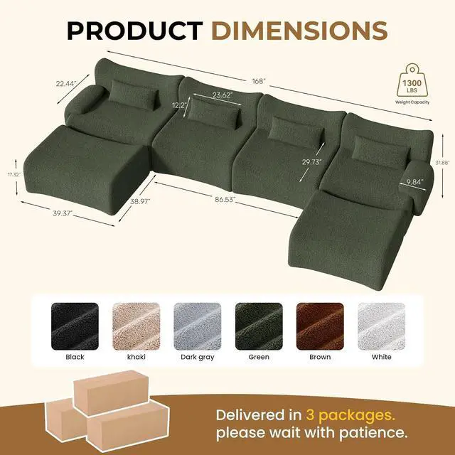 Alt view image 2 of 7 - 168" Cloud Couch Sectional, U-Shaped Boneless Couches for Living Room - Oversized Modular Sofa with Deep Seats, 6 Seater Modern Couches Set,No Assembly Required,Green