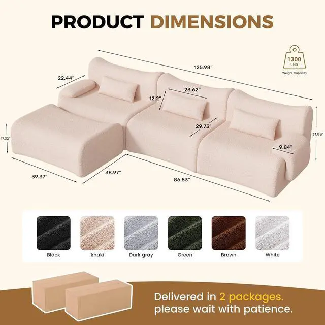 Alt view image 2 of 7 - 126" Cloud Couch Sectional, L Shaped Boneless Couches for Living Room - Oversized Modular Sofa with Deep Seats, Modern Couches with Movable Ottoman,Khaki