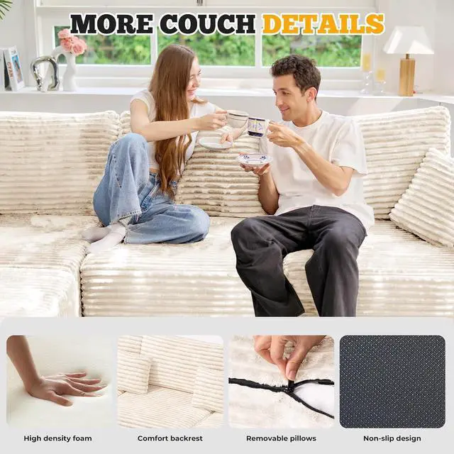 Alt view image 5 of 7 - 146" Modular Sectional Sofa, Convertible U-Shaped Cloud Couches for Living Room with Ottoman, 6 Seater Corduroy Boneless Couch Sofa Set, No Assembly Required, Beige 1 PCS