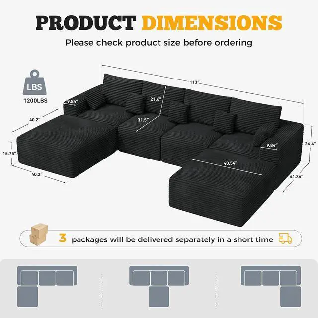 Alt view image 2 of 7 - 146" Modular Sectional Sofa, Convertible U-Shaped Cloud Couches for Living Room with Ottoman, 6 Seater Corduroy Boneless Couch Sofa Set, No Assembly Required, Black 1 PCS