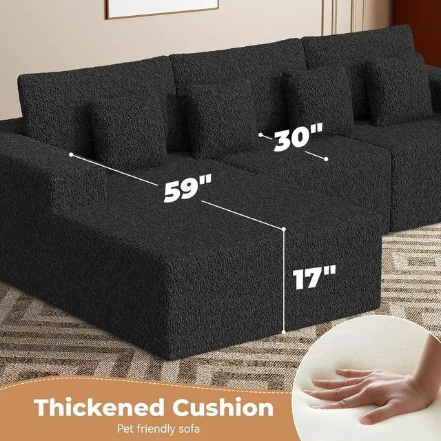 Alt view image 2 of 7 - 111 Modular Sectional Cloud Couches with L Shaped Chaise, Upholstered Deep Seat Boneless Sofa for Living Room, Bedroom, No Assembly Required-Black 1PCS(Sherpa Fabric)