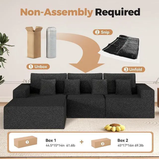Alt view image 3 of 7 - 111 Modular Sectional Cloud Couches with L Shaped Chaise, Upholstered Deep Seat Boneless Sofa for Living Room, Bedroom, No Assembly Required-Black 1PCS(Sherpa Fabric)