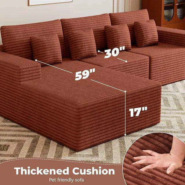 Alt view image 2 of 7 - 111 Modular Sectional Cloud Couches with L Shaped Chaise, Upholstered Deep Seat Boneless Sofa for Living Room, Bedroom, No Assembly Required-Brown