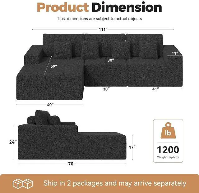 Alt view image 4 of 7 - 111 Modular Sectional Cloud Couches with L Shaped Chaise, Upholstered Deep Seat Boneless Sofa for Living Room, Bedroom, No Assembly Required-Black 1PCS(Sherpa Fabric)