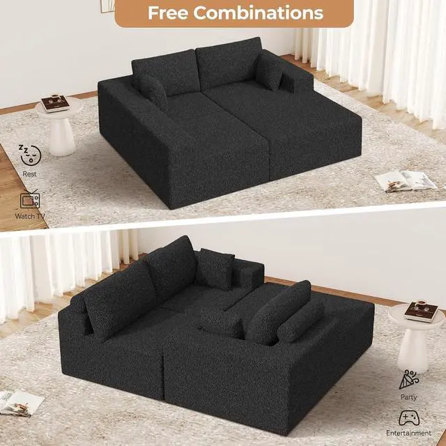Alt view image 6 of 7 - 111 Modular Sectional Cloud Couches with L Shaped Chaise, Upholstered Deep Seat Boneless Sofa for Living Room, Bedroom, No Assembly Required-Black 1PCS(Sherpa Fabric)