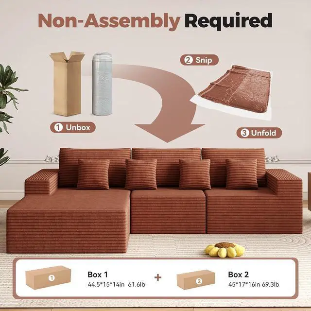 Alt view image 3 of 7 - 111 Modular Sectional Cloud Couches with L Shaped Chaise, Upholstered Deep Seat Boneless Sofa for Living Room, Bedroom, No Assembly Required-Brown