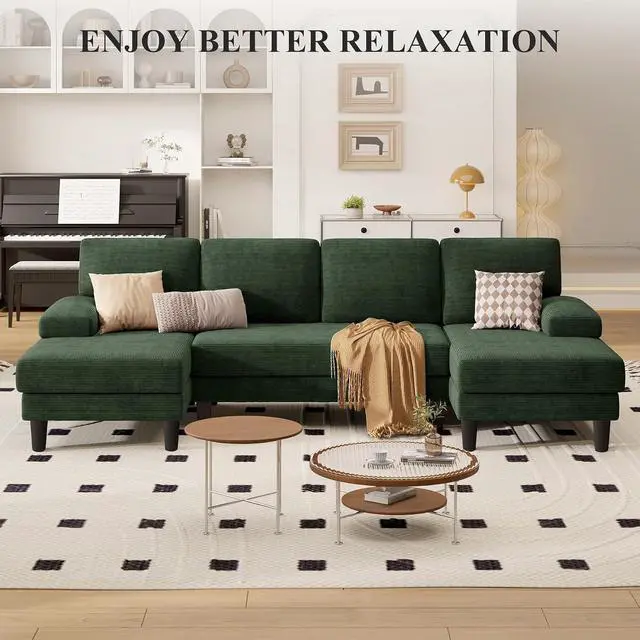 Alt view image 6 of 7 - 110" U-Shaped Sectional Sofa Couch for Living Room,Modern Modular Sofa with Double Chaise,Classic Lounge Couch Sleeper forApartment, Green Corduroy