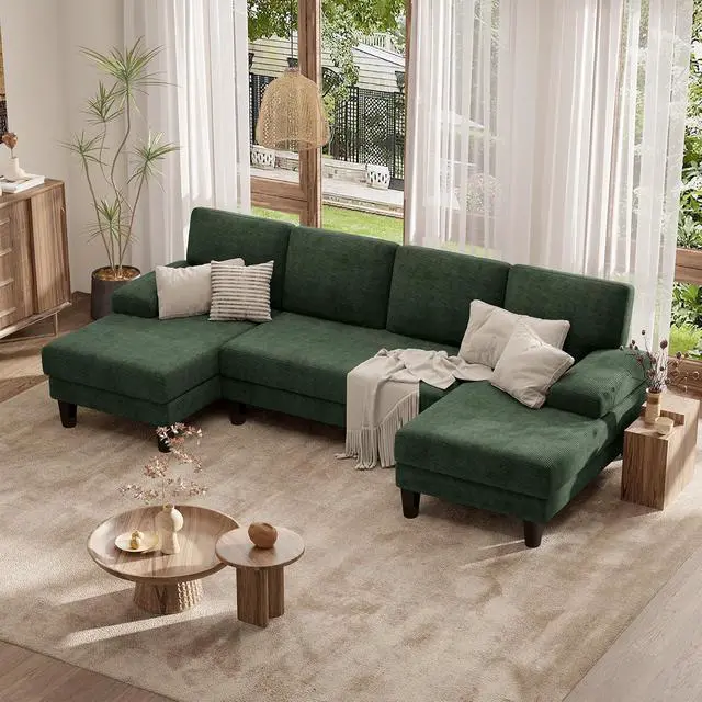 Alt view image 3 of 7 - 110" U-Shaped Sectional Sofa Couch for Living Room,Modern Modular Sofa with Double Chaise,Classic Lounge Couch Sleeper forApartment, Green Corduroy
