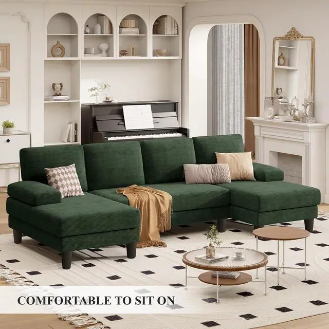 Alt view image 5 of 7 - 110" U-Shaped Sectional Sofa Couch for Living Room,Modern Modular Sofa with Double Chaise,Classic Lounge Couch Sleeper forApartment, Green Corduroy