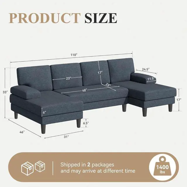 Alt view image 2 of 7 - 110" U-Shaped Sectional Sofa Couch for Living Room,Modern Modular Sofa with Double Chaise,Classic Lounge Couch Sleeper forApartment, Dark Gray Linen