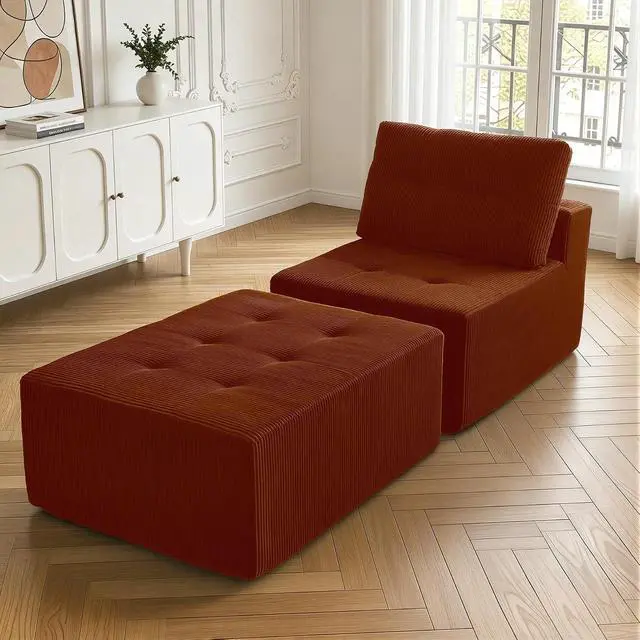 Alt view image 3 of 7 - 31'' Cloud Single Sofa with Ottoman, Modern Modular Sectional Sofa for Living Room, Apartment, No Assembly Needed, Reddish Brown Corduroy