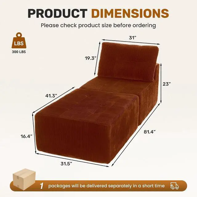 Alt view image 2 of 7 - 31'' Cloud Single Sofa with Ottoman, Modern Modular Sectional Sofa for Living Room, Apartment, No Assembly Needed, Reddish Brown Corduroy