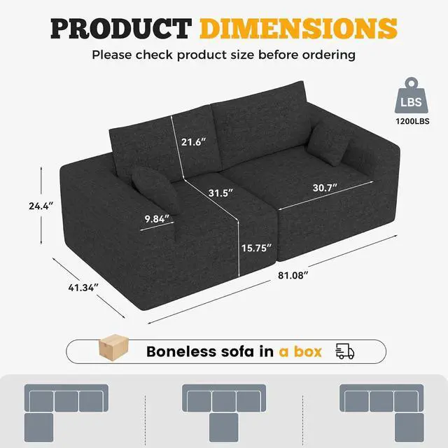Alt view image 2 of 7 - 81" Cloud Loveseat Sofa in a Box, No Assembly Required Comfy Deep Seat Chenille Boneless Couch, Modern Small Couches for Living Room, Apartment, Black