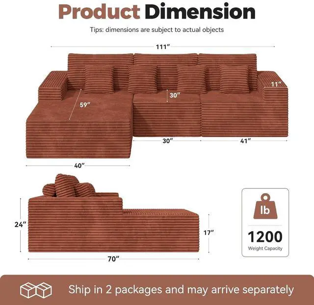 Alt view image 5 of 7 - 111 Modular Sectional Cloud Couches with L Shaped Chaise, Upholstered Deep Seat Boneless Sofa for Living Room, Bedroom, No Assembly Required-Brown