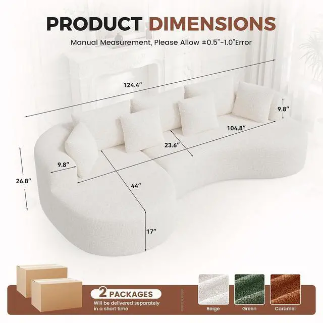 Alt view image 2 of 7 - 124" Curved Modular Sectional Sofa Oversized, L-Shape Boneless Couches for Living Room with Deep Seat and 7 Pillows, High-Density Memory Foam, Beige Chenille Fabric, No Assembly Required