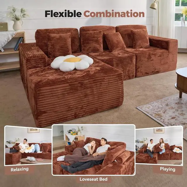 Alt view image 4 of 7 - 111 Modular Sectional Cloud Couches with L Shaped Chaise, Upholstered Deep Seat Boneless Sofa for Living Room, Bedroom, No Assembly Required-Brown