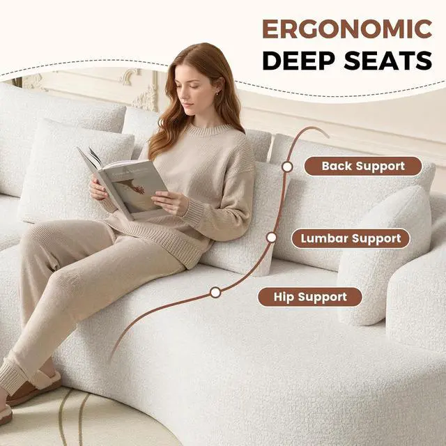 Alt view image 5 of 7 - 124" Curved Modular Sectional Sofa Oversized, L-Shape Boneless Couches for Living Room with Deep Seat and 7 Pillows, High-Density Memory Foam, Beige Chenille Fabric, No Assembly Required