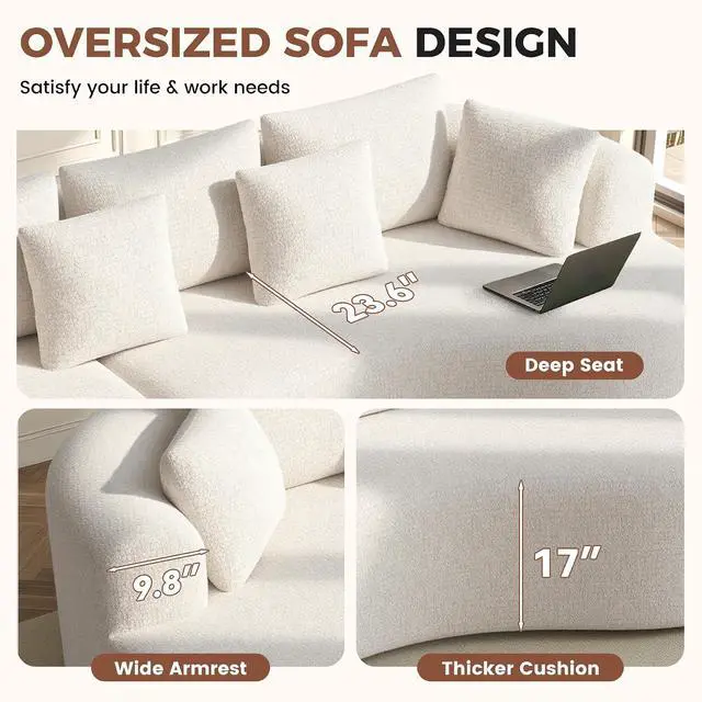 Alt view image 6 of 7 - 124" Curved Modular Sectional Sofa Oversized, L-Shape Boneless Couches for Living Room with Deep Seat and 7 Pillows, High-Density Memory Foam, Beige Chenille Fabric, No Assembly Required