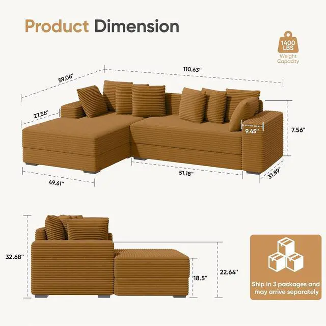 Alt view image 2 of 5 - 111'' Modern Sectional Cloud Sofa with Chaise, Extra Large Sleeper Couches Corduroy with 8pcs Pillows for Living Room, Bedroom
