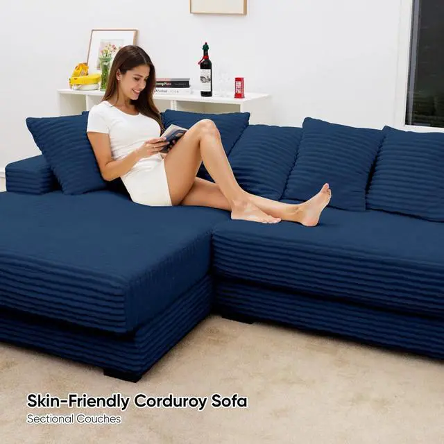 Alt view image 3 of 6 - 111'' Sectional Corduroy Sofa with Chaise, Extra Large L Shaped Convertible Sleeper Couches Set Reversible Bed with 8pcs Cushions for Living Room, Bedroom