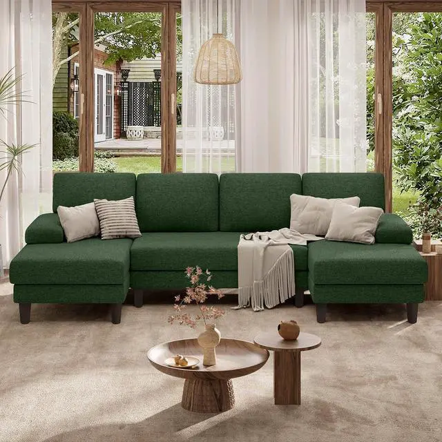 Main image of 110" U-Shaped Sectional Sofa Couch for Living Room,Modern Modular Sofa with Double Chaise,Classic Lounge Couch Sleeper for Apartment, Green Linen