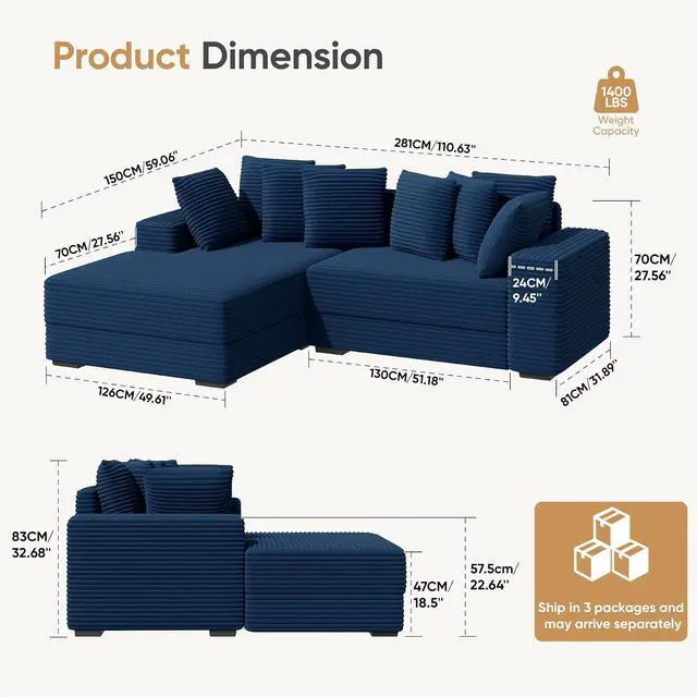 Alt view image 2 of 6 - 111'' Sectional Corduroy Sofa with Chaise, Extra Large L Shaped Convertible Sleeper Couches Set Reversible Bed with 8pcs Cushions for Living Room, Bedroom