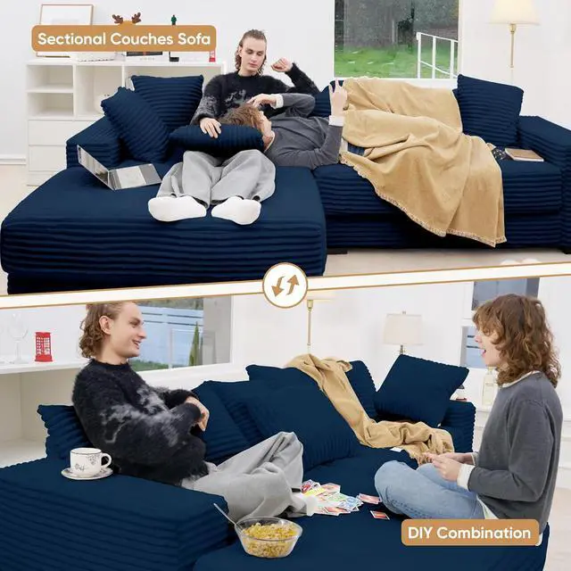 Alt view image 5 of 6 - 111'' Sectional Corduroy Sofa with Chaise, Extra Large L Shaped Convertible Sleeper Couches Set Reversible Bed with 8pcs Cushions for Living Room, Bedroom