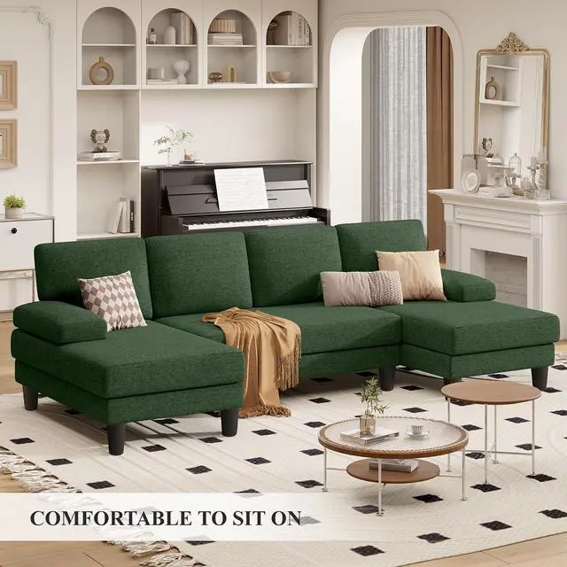 Alt view image 5 of 7 - 110" U-Shaped Sectional Sofa Couch for Living Room,Modern Modular Sofa with Double Chaise,Classic Lounge Couch Sleeper for Apartment, Green Linen