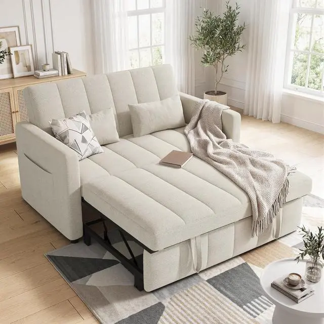 Main image of Convertible Sofa Bed 3-in-1, Pull Out Sleeper Couch with Adjustable Backrest, Loveseat Sofa with Side Storage Pockets,Couch for Apartment, Office, Easy Assembly,Beige
