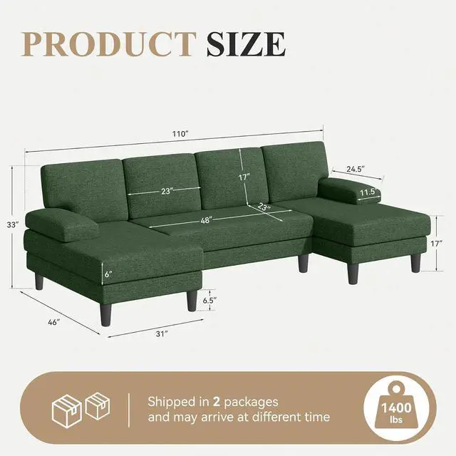 Alt view image 2 of 7 - 110" U-Shaped Sectional Sofa Couch for Living Room,Modern Modular Sofa with Double Chaise,Classic Lounge Couch Sleeper for Apartment, Green Linen