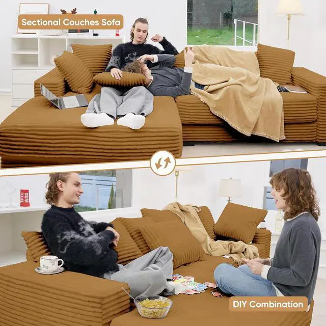 Alt view image 3 of 5 - 111'' Modern Sectional Cloud Sofa with Chaise, Extra Large Sleeper Couches Corduroy with 8pcs Pillows for Living Room, Bedroom
