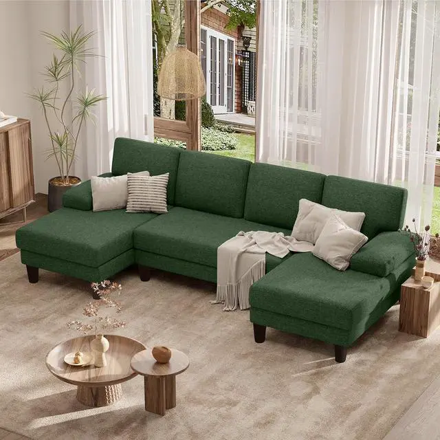 Alt view image 3 of 7 - 110" U-Shaped Sectional Sofa Couch for Living Room,Modern Modular Sofa with Double Chaise,Classic Lounge Couch Sleeper for Apartment, Green Linen
