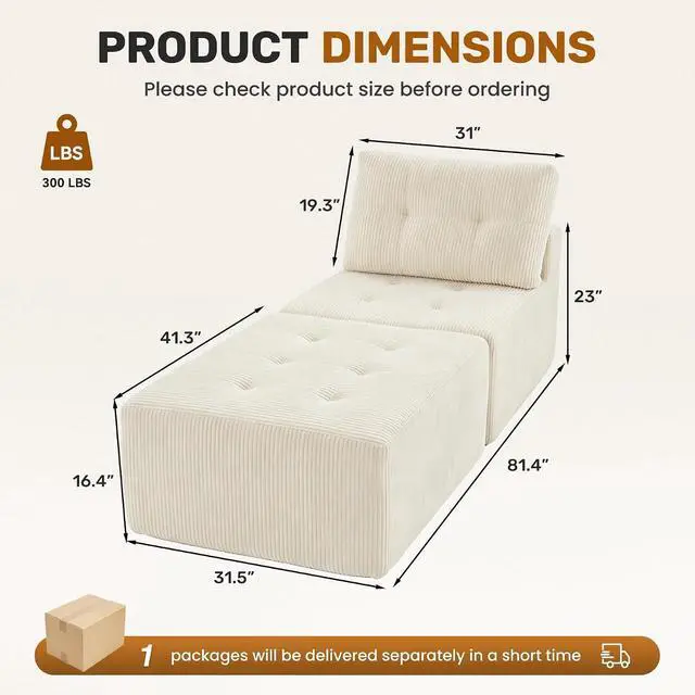 Alt view image 2 of 7 - 31'' Cloud Single Sofa with Ottoman, Modern Modular Sectional Sofa for Living Room, Apartment, No Assembly Needed, Beige Corduroy