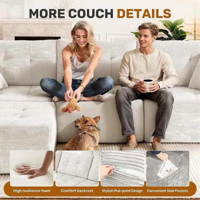 Alt view image 5 of 7 - 31'' Cloud Single Sofa with Ottoman, Modern Modular Sectional Sofa for Living Room, Apartment, No Assembly Needed, Beige Corduroy