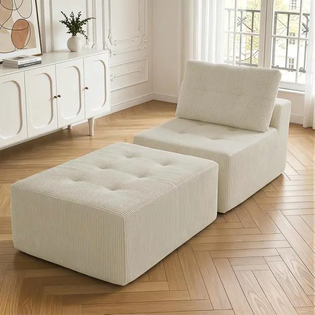 Alt view image 3 of 7 - 31'' Cloud Single Sofa with Ottoman, Modern Modular Sectional Sofa for Living Room, Apartment, No Assembly Needed, Beige Corduroy