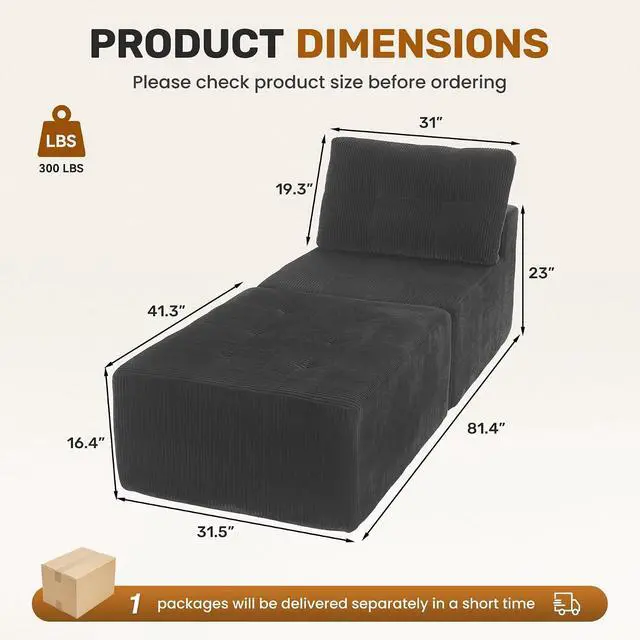 Alt view image 2 of 7 - 31'' Cloud Single Sofa with Ottoman, Modern Modular Sectional Sofa for Living Room, Apartment, No Assembly Needed, Gray Corduroy