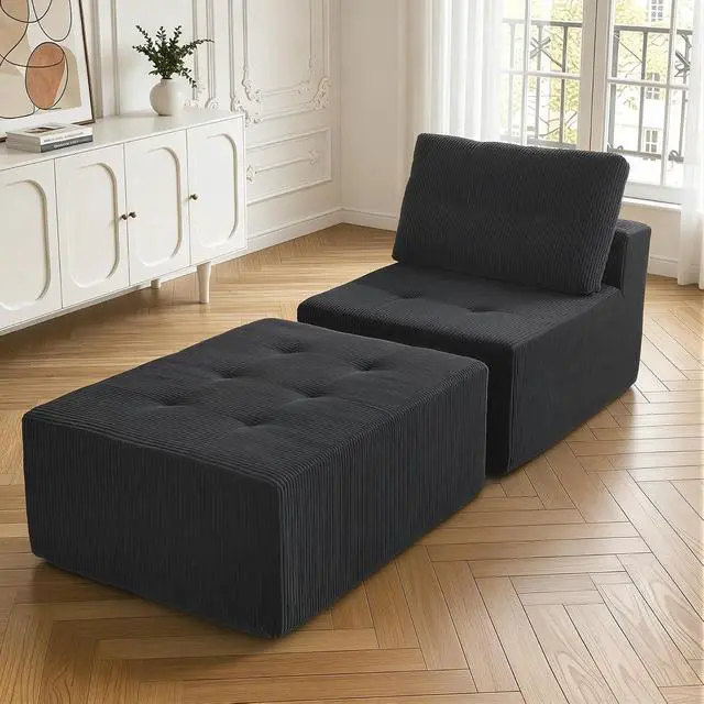 Alt view image 3 of 7 - 31'' Cloud Single Sofa with Ottoman, Modern Modular Sectional Sofa for Living Room, Apartment, No Assembly Needed, Gray Corduroy