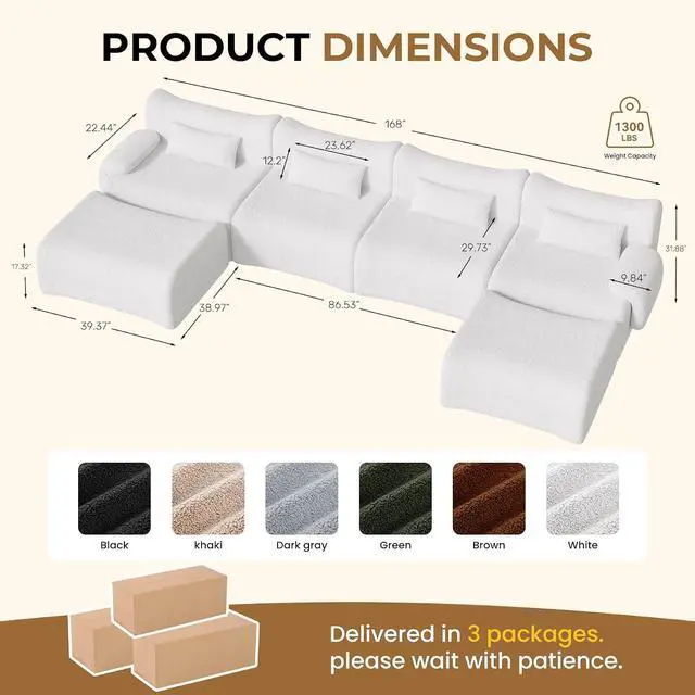 Alt view image 2 of 6 - 168" Cloud Couch Sectional, U-Shaped Boneless Couches for Living Room - Oversized Modular Sofa with Deep Seats, 6 Seater Modern Couches Set,No Assembly Required,White