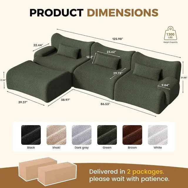 Alt view image 2 of 6 - 126" Cloud Couch Sectional, L Shaped Boneless Couches for Living Room - Oversized Modular Sofa with Deep Seats, Modern Couches with Movable Ottoman,Green