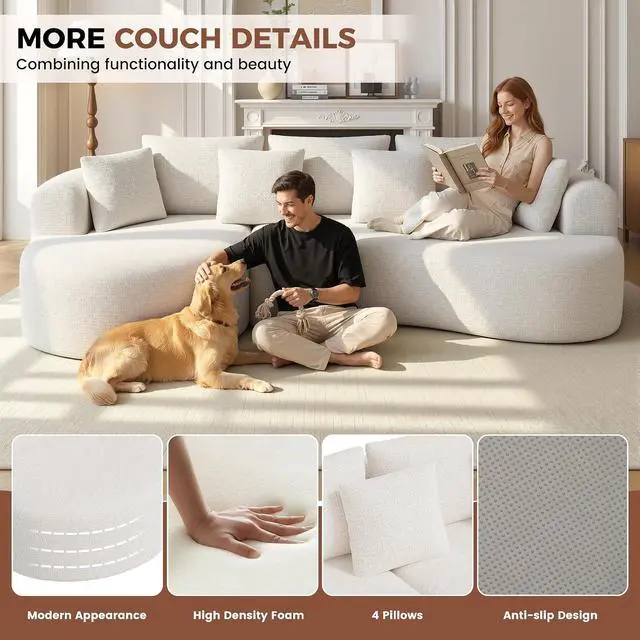 Alt view image 7 of 7 - 124" Curved Modular Sectional Sofa Oversized, L-Shape Boneless Couches for Living Room with Deep Seat and 7 Pillows, High-Density Memory Foam, Beige Chenille Fabric, No Assembly Required