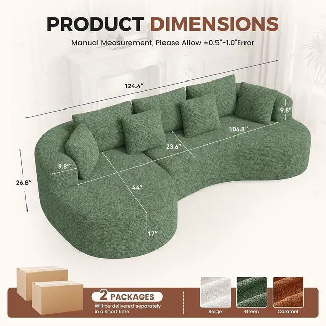 Alt view image 2 of 7 - 124" Curved Modular Sectional Sofa Oversized, L-Shape Boneless Couches for Living Room with Deep Seat and 7 Pillows, High-Density Memory Foam, Green Chenille Fabric, No Assembly Required
