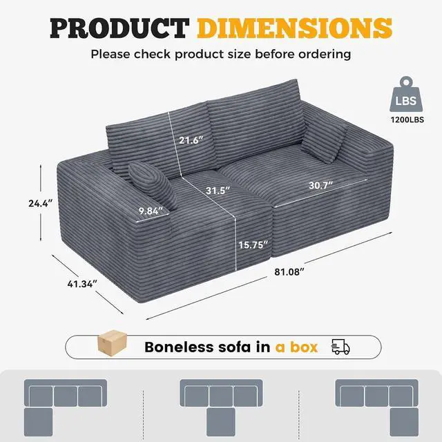 Alt view image 2 of 7 - 81" Cloud Loveseat Sofa in a Box, No Assembly Required Comfy Deep Seat Boneless Couch, Modern Small Couches for Living Room, Bedroom, Apartment,Grey 1 PCS