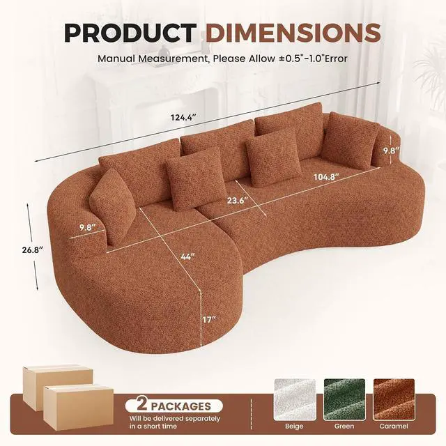 Alt view image 2 of 7 - 124" Curved Modular Sectional Sofa Oversized, L-Shape Boneless Couches for Living Room with Deep Seat and 7 Pillows, High-Density Memory Foam,Caramel Chenille Fabric, No Assembly Required