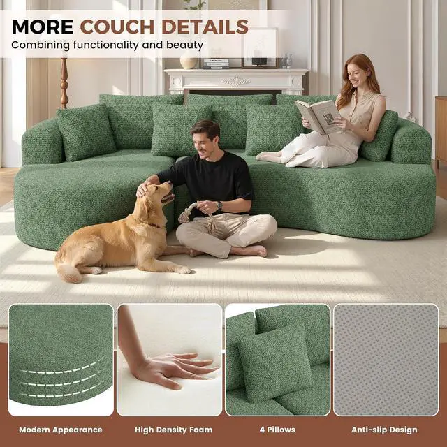 Alt view image 7 of 7 - 124" Curved Modular Sectional Sofa Oversized, L-Shape Boneless Couches for Living Room with Deep Seat and 7 Pillows, High-Density Memory Foam, Green Chenille Fabric, No Assembly Required
