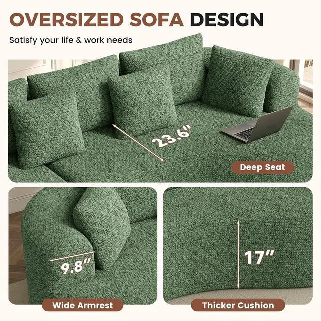 Alt view image 6 of 7 - 124" Curved Modular Sectional Sofa Oversized, L-Shape Boneless Couches for Living Room with Deep Seat and 7 Pillows, High-Density Memory Foam, Green Chenille Fabric, No Assembly Required