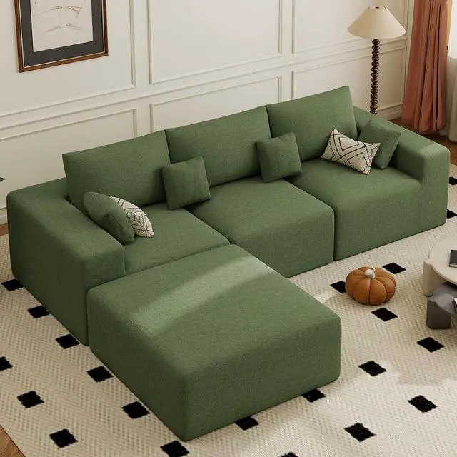 Main image of 113" Boneless Couches for Living Room, Modern L-Shaped Modular Sectional Sofa, Convertible 4 Seater Chenille Cloud Couch, No Assembly Required, Green 1 PCS