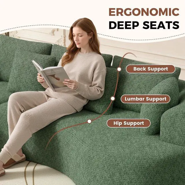 Alt view image 5 of 7 - 124" Curved Modular Sectional Sofa Oversized, L-Shape Boneless Couches for Living Room with Deep Seat and 7 Pillows, High-Density Memory Foam, Green Chenille Fabric, No Assembly Required